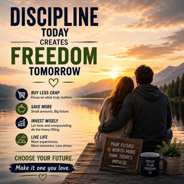 Couple sitting lakeside at sunset with mountains in the background, motivational text: Discipline today creates freedom tomorrow. Buy less crap and focus on what truly matters. Save more — small amounts, big future. Invest wisely — let time and compounding do the heavy lifting. Live life — more experiences, more memories, less stress.