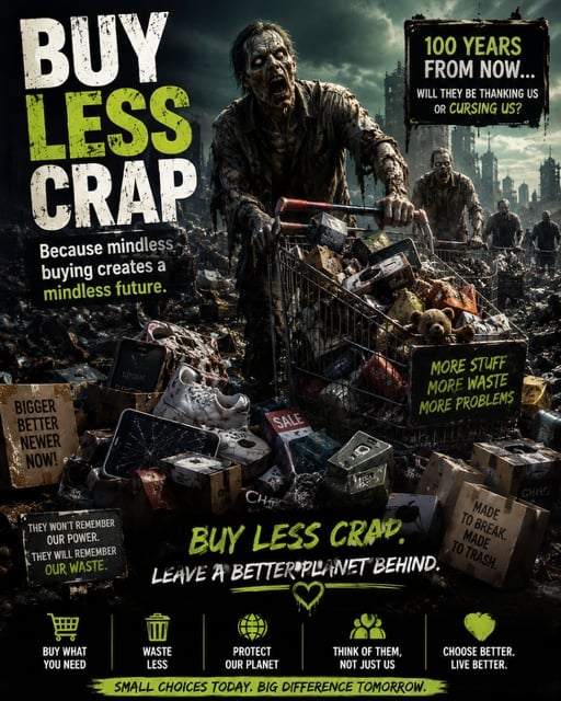 Environmental awareness poster featuring zombie-like figure surrounded by waste urging consumers to buy less and reduce consumption for a better planet
