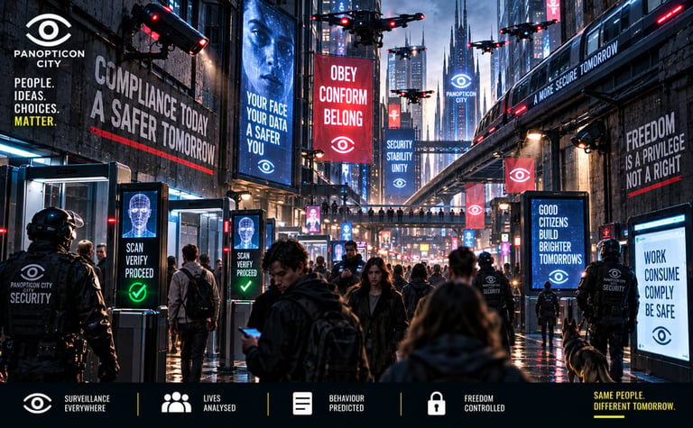 Dystopian city street with crowds under surveillance screens displaying compliance messages and monitoring symbols
