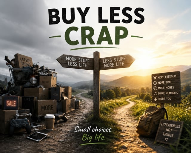 Buy Less Crap poster with directional signs on a forest path contrasting a pile of consumer goods on the left (latest things, sale, more stuff, more life) with a backpack and the path of experiences on the right (more freedom, more time, more money, more memories, more you)