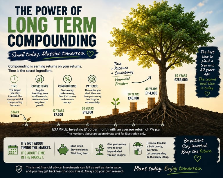 Infographic showing the power of long-term compound investing growth over 10, 20, and 50 years with a tree metaphor and example investment returns