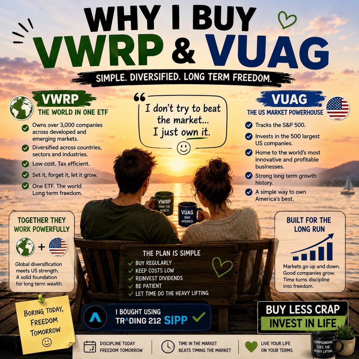 Infographic explaining why to buy VWRP and VUAG ETFs for long-term diversified investing, featuring couple watching sunset