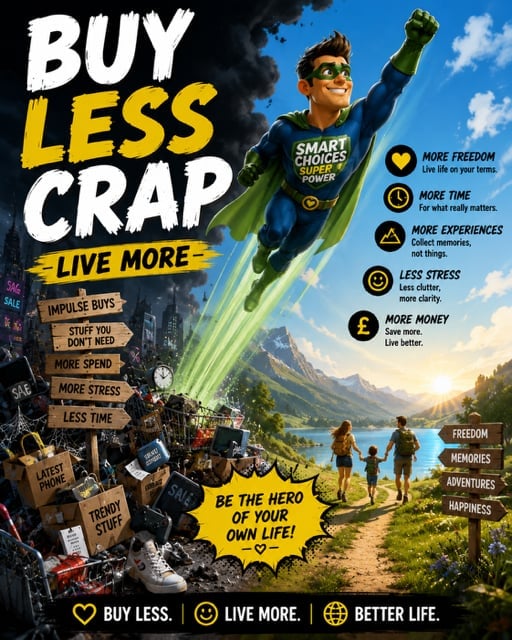 Motivational poster showing a man flying over a mountain lake with text promoting minimalism: Buy Less Crap, Live More, with benefits listed like more freedom, time, and happiness