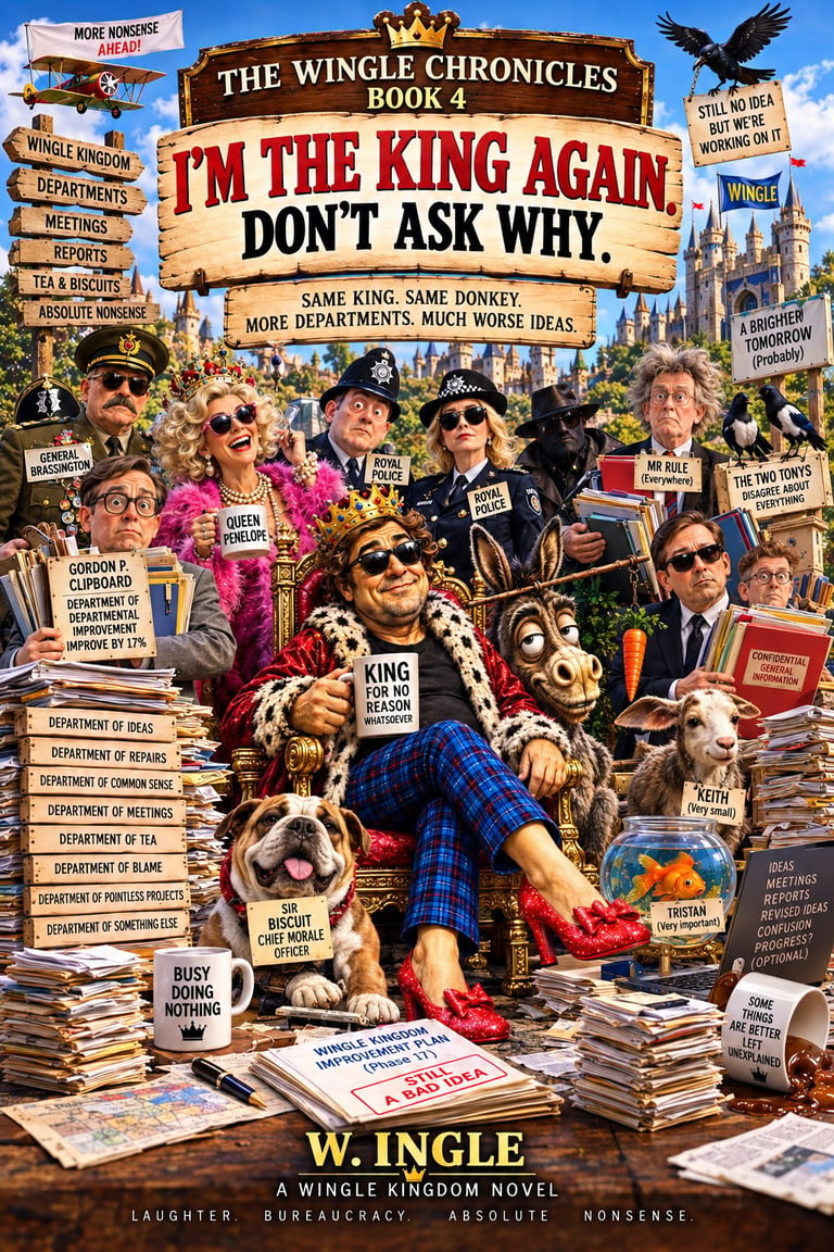 Book cover for The Wingle Chronicles Book 4 showing a chaotic office scene with people, animals, and government department signs, titled Im the King Again Dont Ask Why
