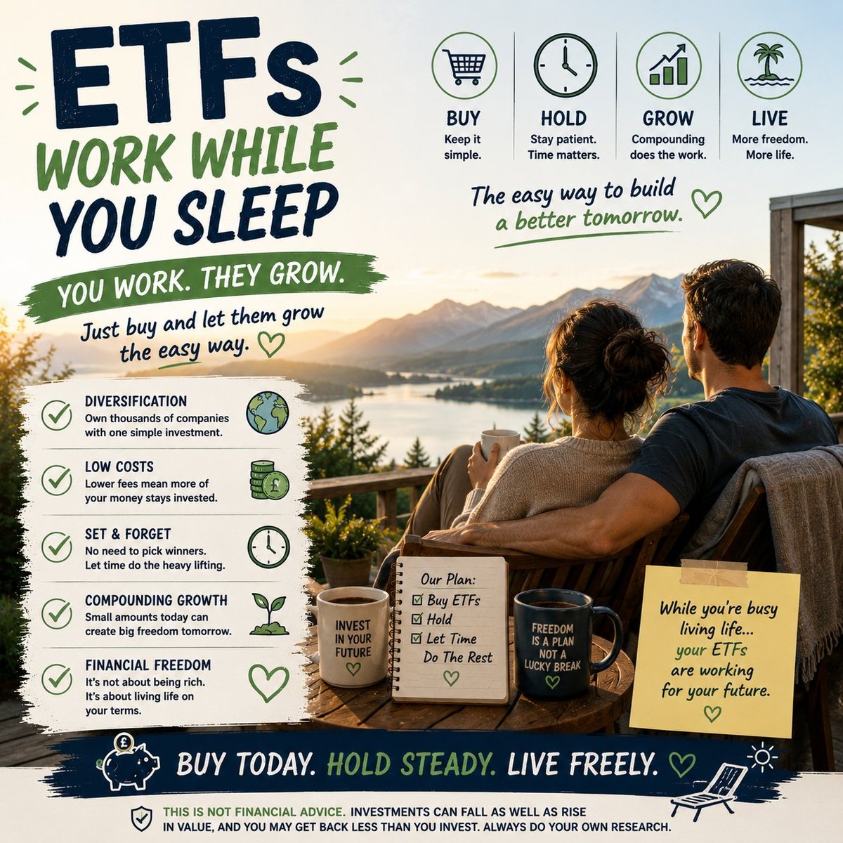 Infographic about ETFs explaining how they work passively with benefits like diversification, low costs, and compounding growth illustrated with a couple watching mountains by a lake