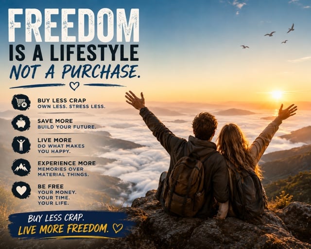 Freedom is a lifestyle: two people with raised arms on a mountain at sunset, text promoting freedom and minimalist living