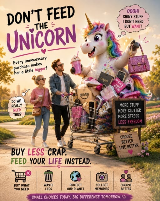 Poster titled Dont Feed the Unicorn showing a family shopping with a large colorful unicorn character, promoting mindful consumption and reducing unnecessary purchases for a better lifestyle