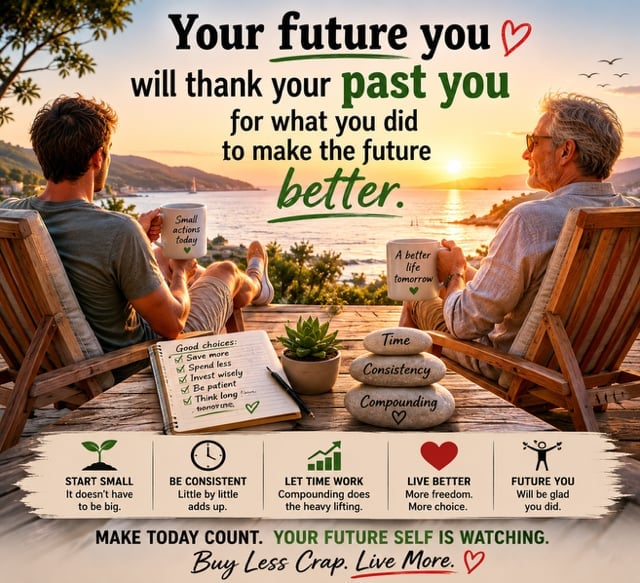 Two people sitting in deck chairs overlooking a sunset over water with motivational quotes about personal growth and making today count for a better future.