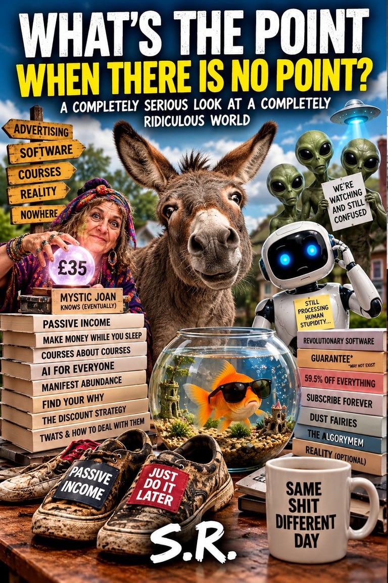 Surreal book cover for What's The Point When There Is No Point featuring a donkey, aliens, a goldfish in sunglasses, a confused robot, Mystic Joan with a £35 crystal ball, and stacks of joke self-help books