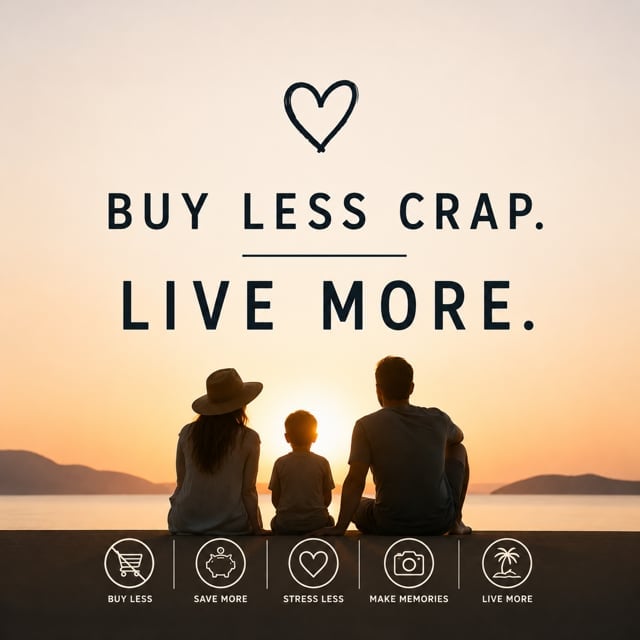 Buy Less Crap, Live More: a family silhouette at sunset, with lifestyle icons for minimalism and mindfulness