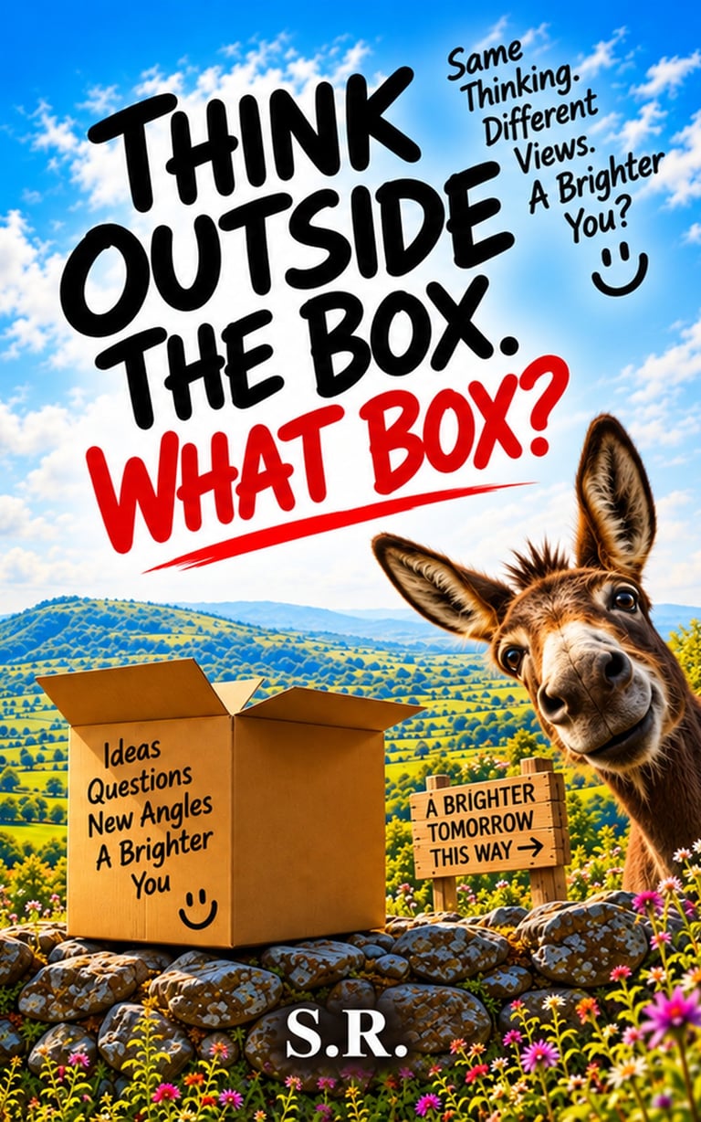 Book cover with motivational text and a smiling donkey next to a cardboard box in a sunlit meadow