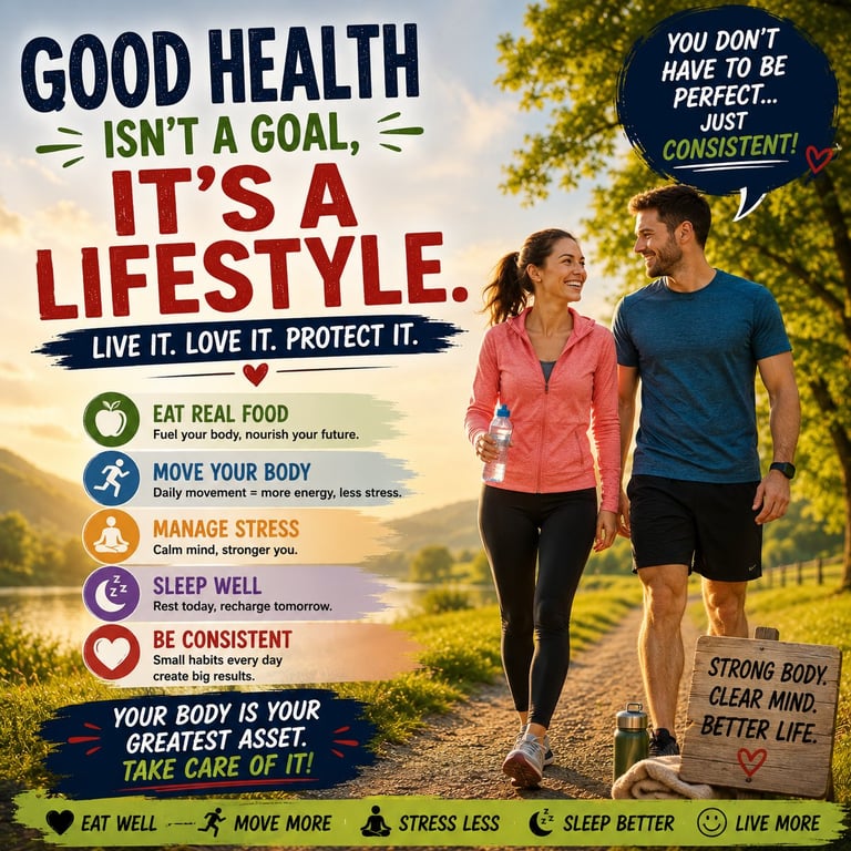 Two people jogging outdoors with health and wellness motivational text including tips for eating real food, moving your body, managing stress, and sleeping well