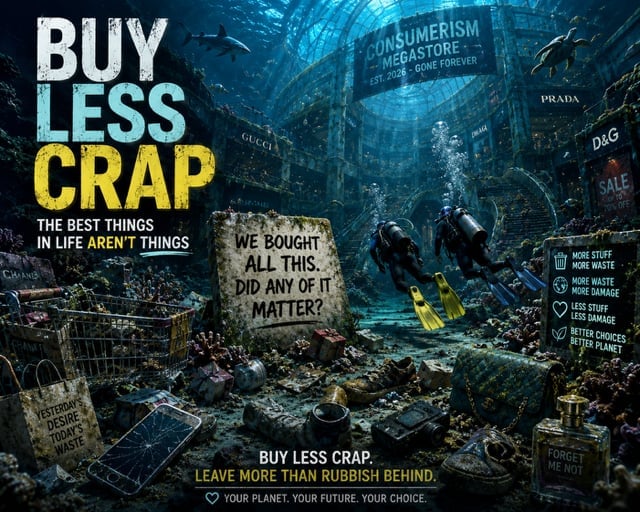 Underwater scene with luxury brand logos and shopping bags surrounded by debris, with text Buy Less Crap promoting sustainable consumerism