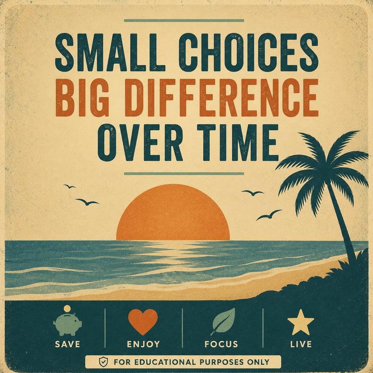 Motivational poster with retro design featuring sunset beach scene and text: Small Choices Big Difference Over Time with icons for Save, Enjoy, Focus, Live