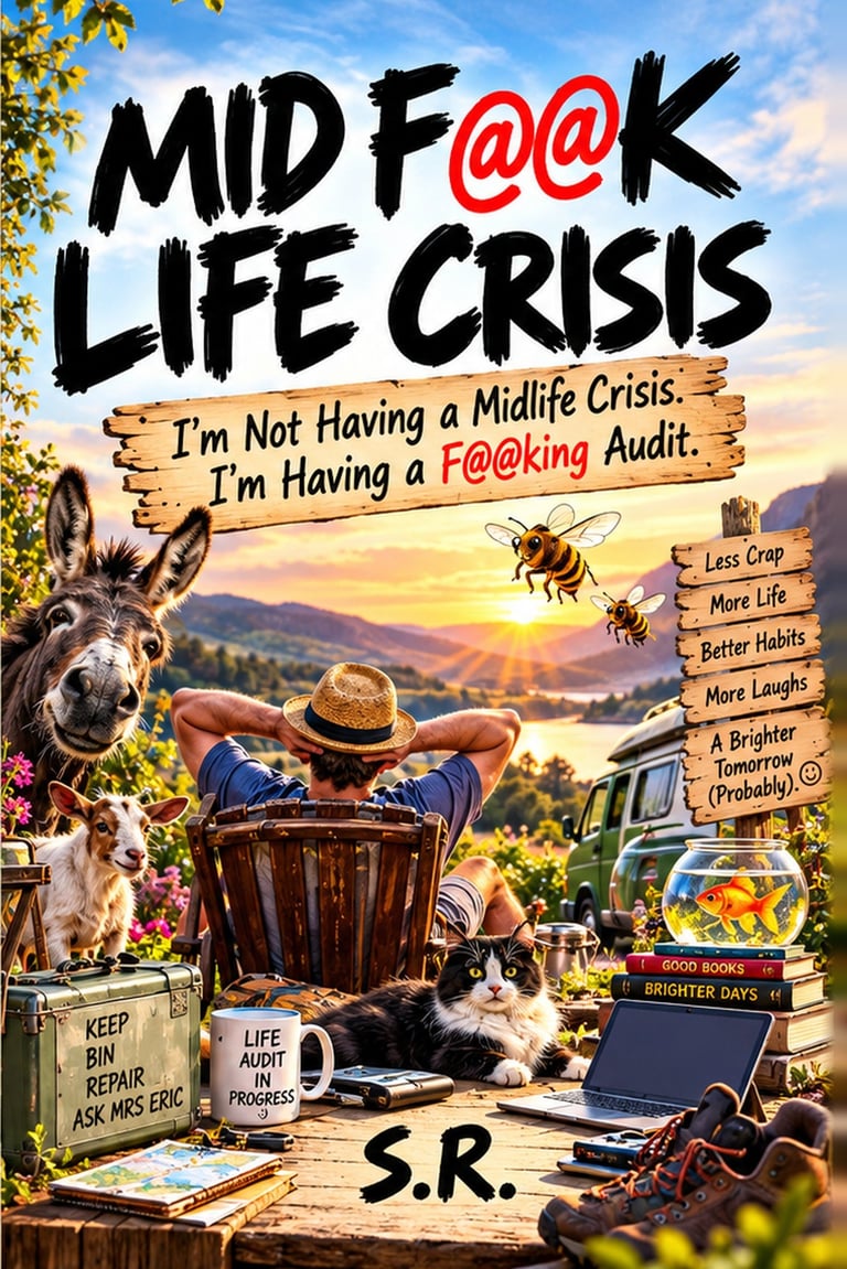 Book cover for Mid F@@k Life Crisis showing a person relaxing outdoors with animals and motivational signs about audits and self-improvement