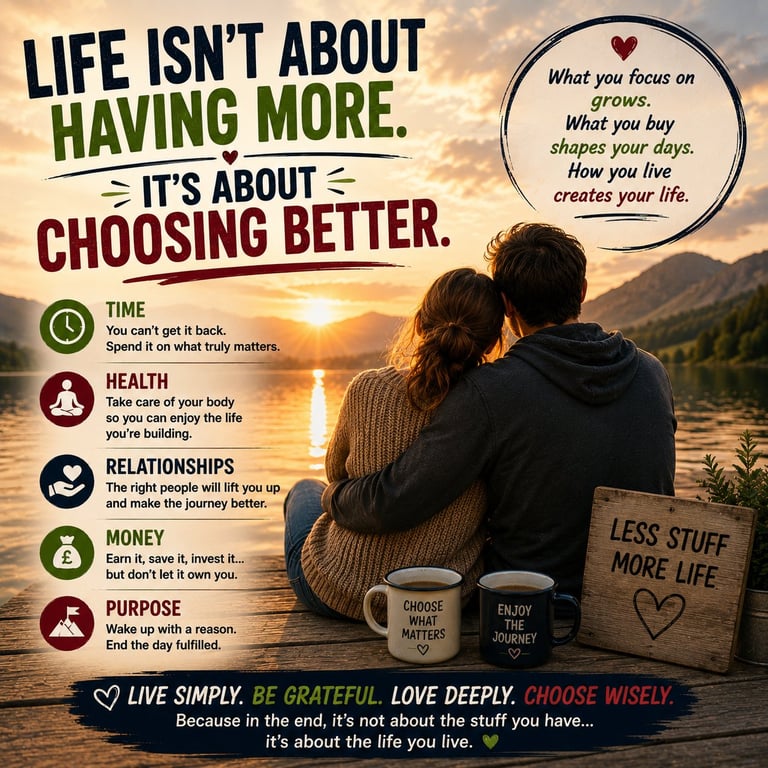 Motivational poster showing couple by sunset lake with text about choosing better: time, health, relationships, money, purpose