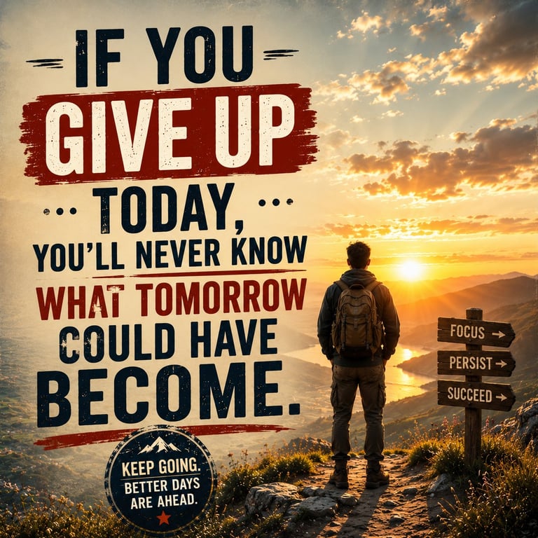 Motivational poster showing a hiker at sunrise with text about never giving up, featuring signpost with words Focus, Persist, Succeed