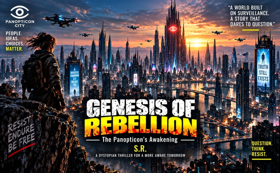 Movie poster for Genesis of Rebellion showing a dystopian cityscape at sunset with armed figure and futuristic surveillance theme