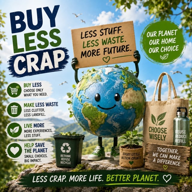 Animated Earth character holding sign about sustainable living with recycling symbols, reusable bag, and environmental messaging against blue sky