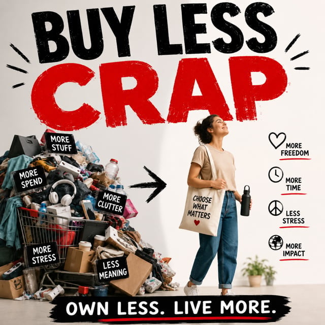 Minimalism poster contrasting consumerism clutter on left with happy woman and benefits like freedom, time, and less stress on right, saying Buy Less Crap, Own Less Live More