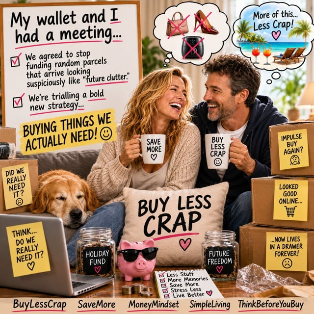 Couple on the sofa with a dog surrounded by cardboard boxes, satirical financial goals poster — my wallet and I had a meeting, we're trialling a bold new strategy of buying things we actually need, save more, buy less crap, think before you buy, impulse buy prevention