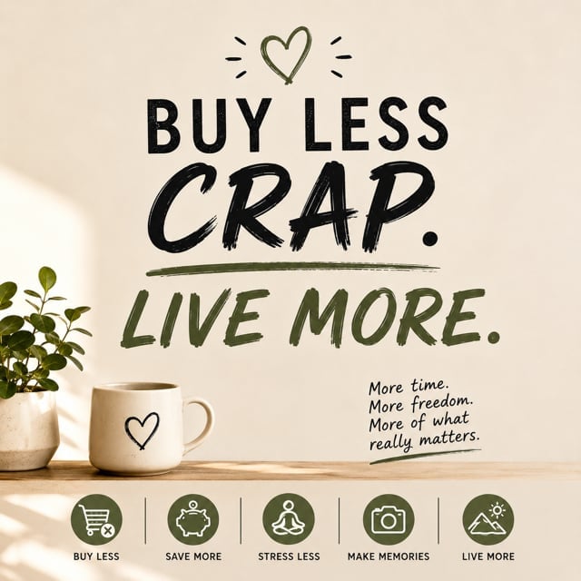 Buy Less Crap, Live More: a minimalist wall decal promoting sustainable lifestyle choices, displayed above plants and a mug