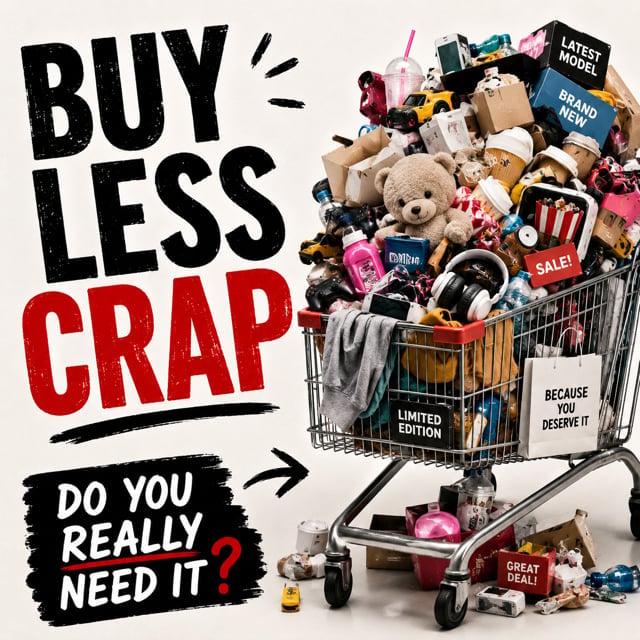 Overflowing shopping cart filled with consumer goods and products next to text BUY LESS CRAP with DO YOU REALLY NEED IT? prompt questioning impulse purchasing habits