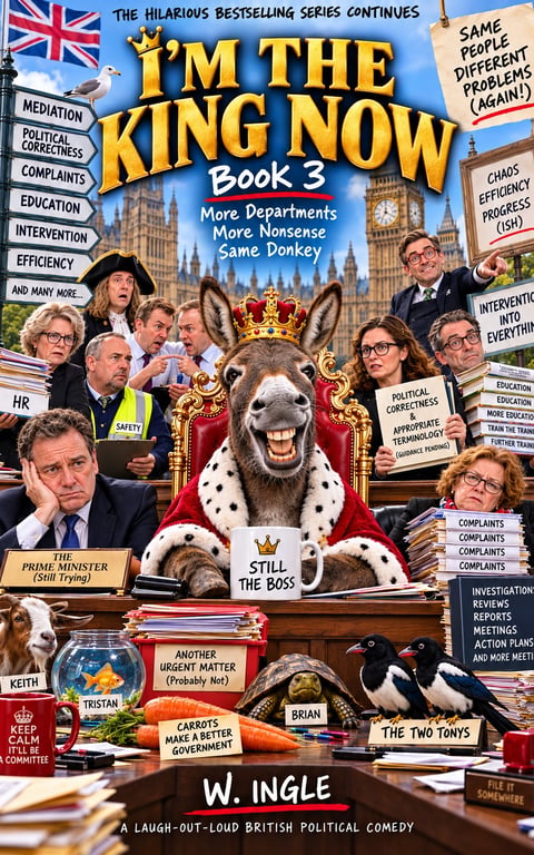 I'm The King Now Book 3 comedy cover featuring a donkey on a throne surrounded by politicians and government officials at a desk