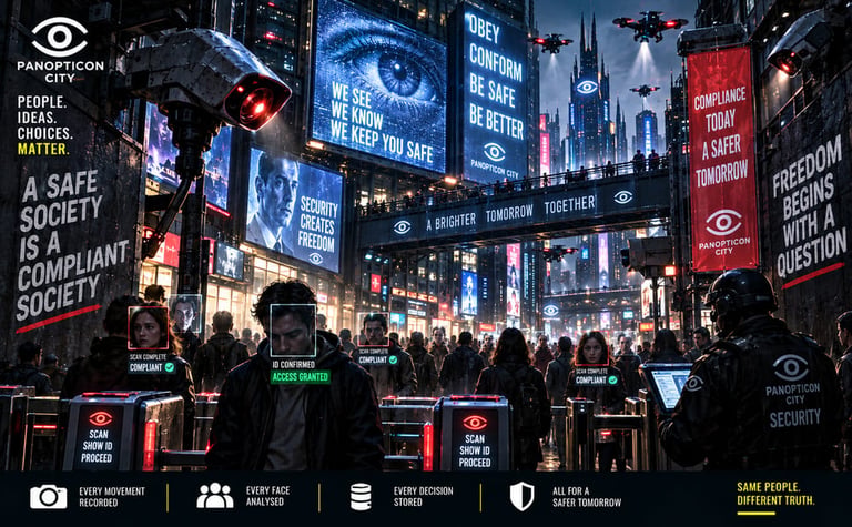 Dystopian city street crowded with surveillance screens and eye symbols, displaying slogans about security and compliance in a dark urban setting