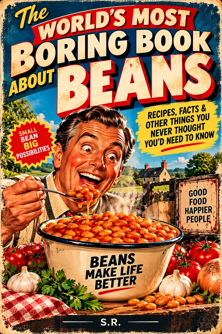 Vintage-style book cover titled The Worlds Most Boring Book About Beans featuring a smiling man holding a spoonful of beans over a large pot surrounded by vegetables