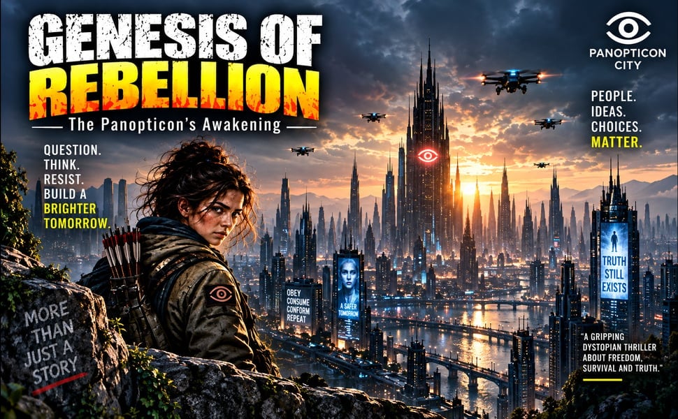 Movie poster for Genesis of Rebellion showing a soldier overlooking a futuristic dystopian cityscape at sunset with glowing towers