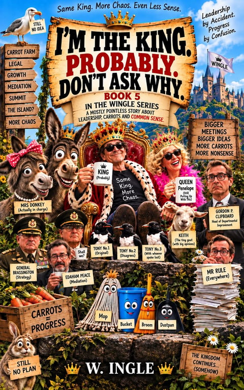 Book cover for Im the King, Probably Dont Ask Why by W. Ingle featuring cartoon characters, donkeys, and castle imagery with humorous text labels about leadership and chaos