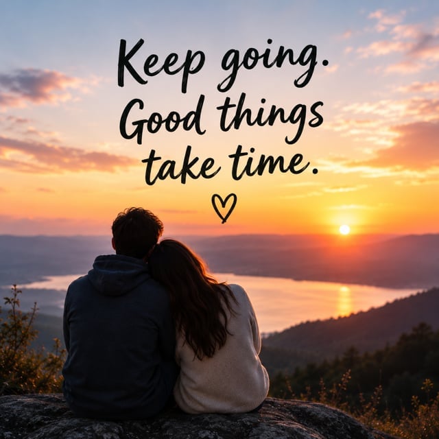 Couple sitting on a rocky overlook watching a golden sunset over mountains and water, with handwritten motivational text reading Keep going. Good things take time.
