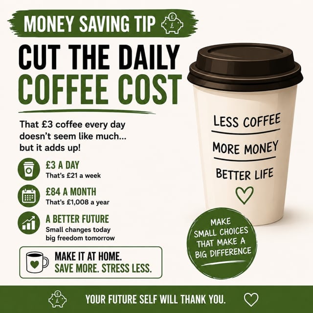 A £3 daily coffee adds up to £21 a week, £84 a month, and £1,008 a year. Make it at home, save more, stress less — your future self will thank you.