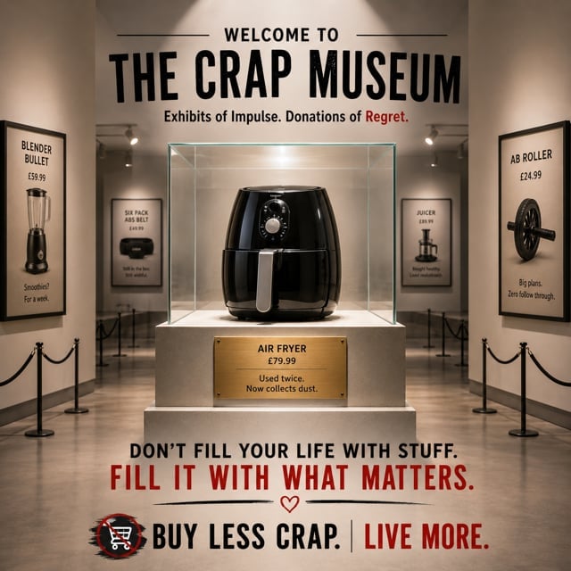 The Crap Museum: a museum exhibit displaying an air fryer in a glass case surrounded by other impulse purchases, illustrating the regrets of consumerism