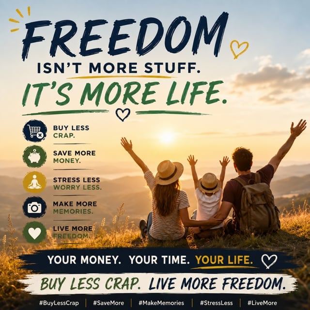 Buy Less, Live More: three people with raised arms overlooking a sunset landscape, promoting minimalism and the freedom of not owning loads of stuff