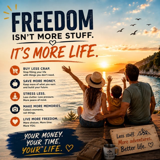 Freedom isn't more stuff: a family on a boat at sunset, with text about freedom, minimalism and prioritising experiences over possessions