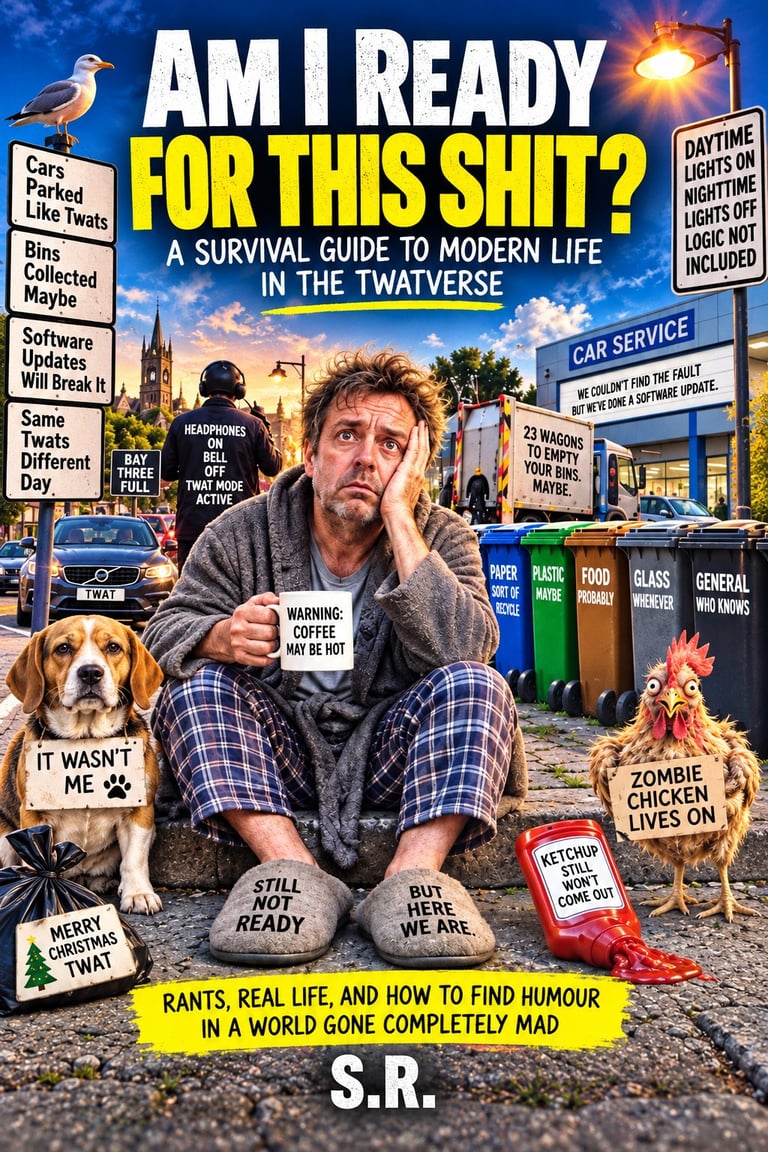 Book cover for Am I Ready For This Shit showing a stressed man sitting with a dog and chicken, surrounded by humorous life problems and survival tips for modern chaos
