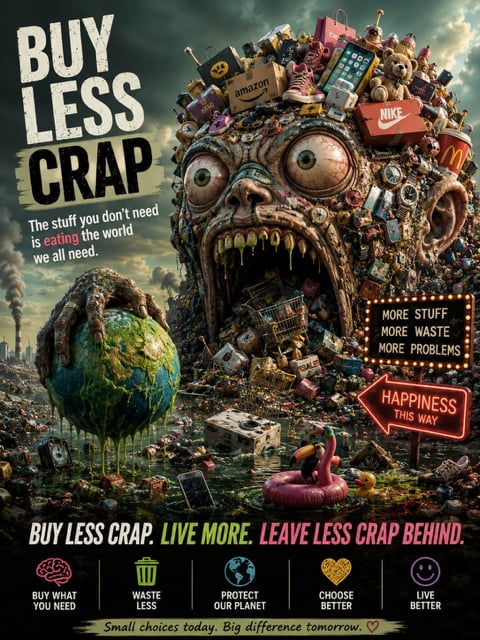Surreal anti-consumerism poster featuring a monstrous head made of consumer products with text Buy Less Crap promoting sustainable living and reduced waste