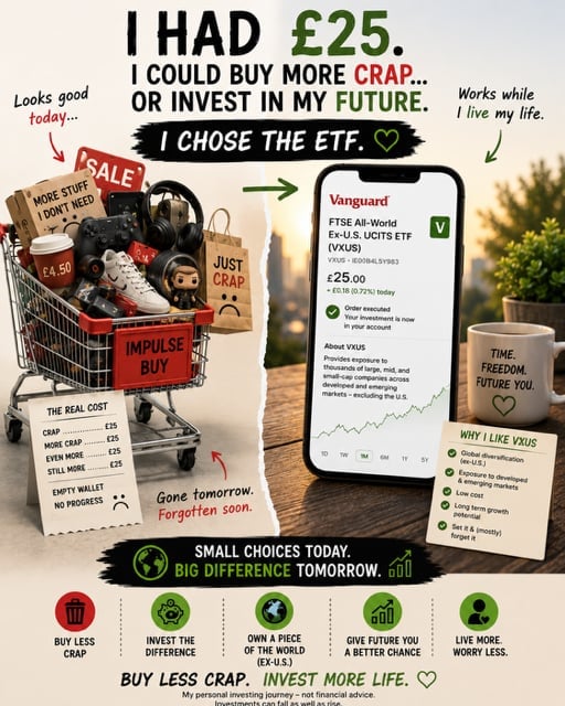 Infographic showing how £25 can be invested in an ETF instead of impulse purchases, promoting smart financial choices and long-term wealth building