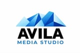 Avila Media Studio logo with abstract blue mountain-shaped design above bold black text and blue subtitle