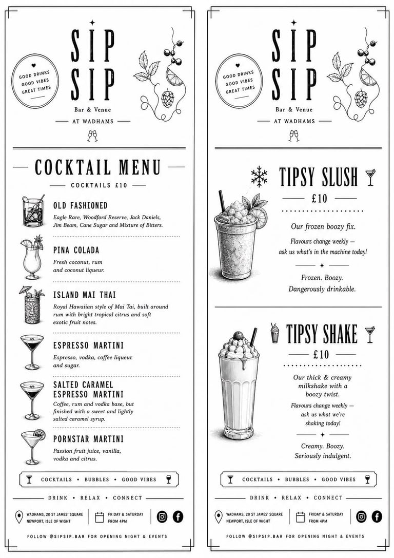 Sip Sip bar menu featuring cocktails and specialty drinks including Old Fashioned, Pina Colada, Island Mai Thai, and seasonal Tipsy Slush and Shake