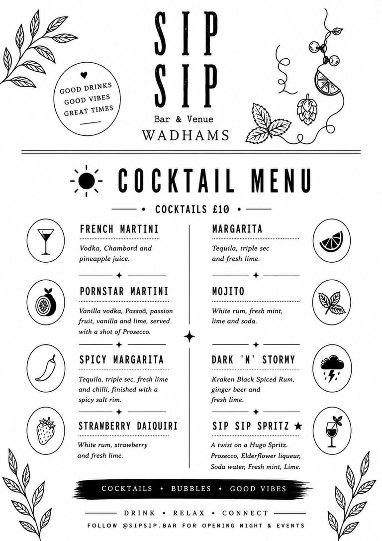 Sip Sip cocktail menu featuring 10 drinks priced at £10 with botanical illustrations