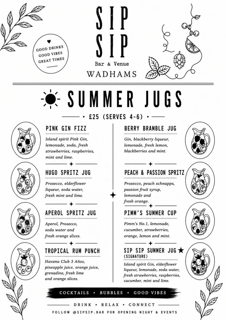 Sip Sip summer jugs menu featuring colourful cocktails and drinks with prices and ingredients