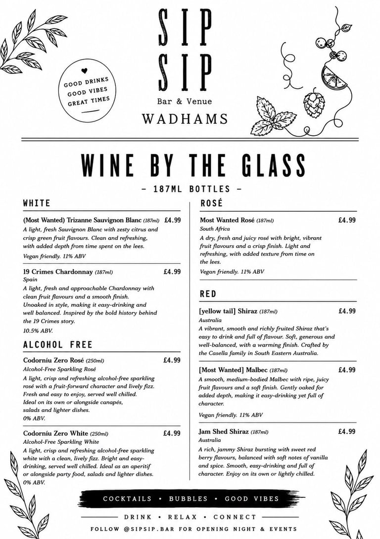 Sip Sip wine menu featuring white, rosé and red wines plus alcohol-free options