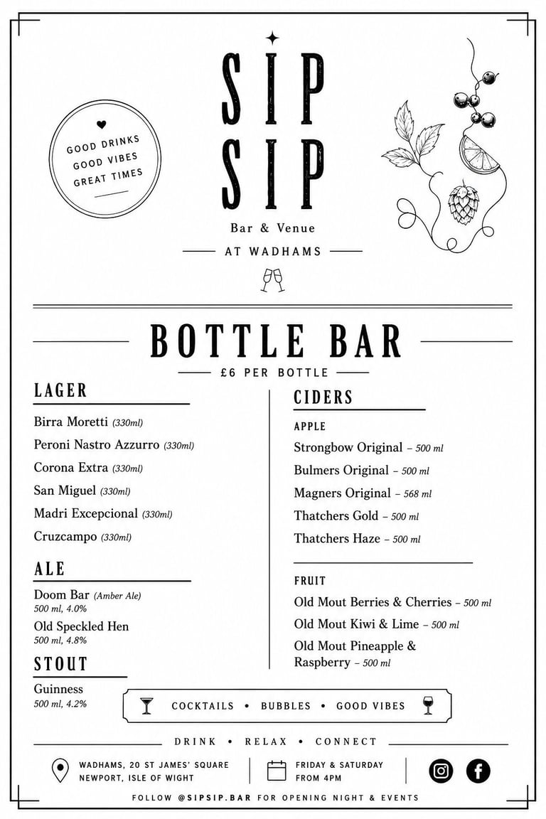 Sip Sip bottle bar menu featuring lagers, ales, stouts, ciders and fruit drinks