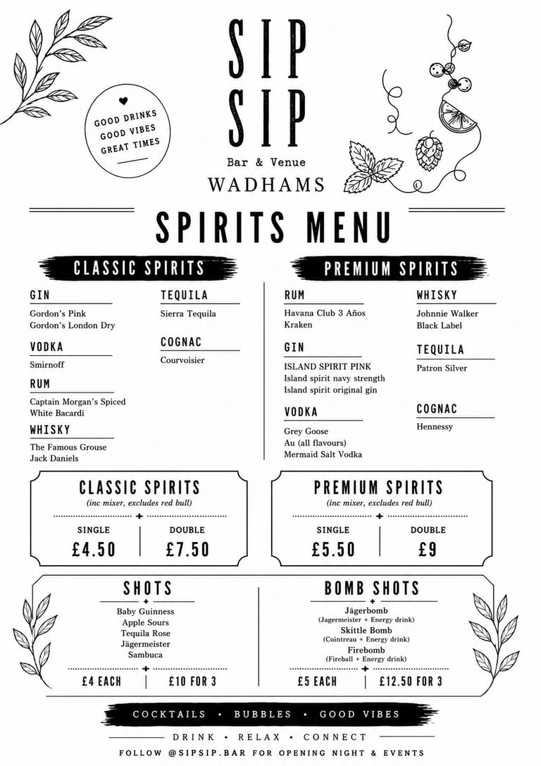 Sip Sip spirits menu featuring classic and premium spirits with pricing and cocktail options