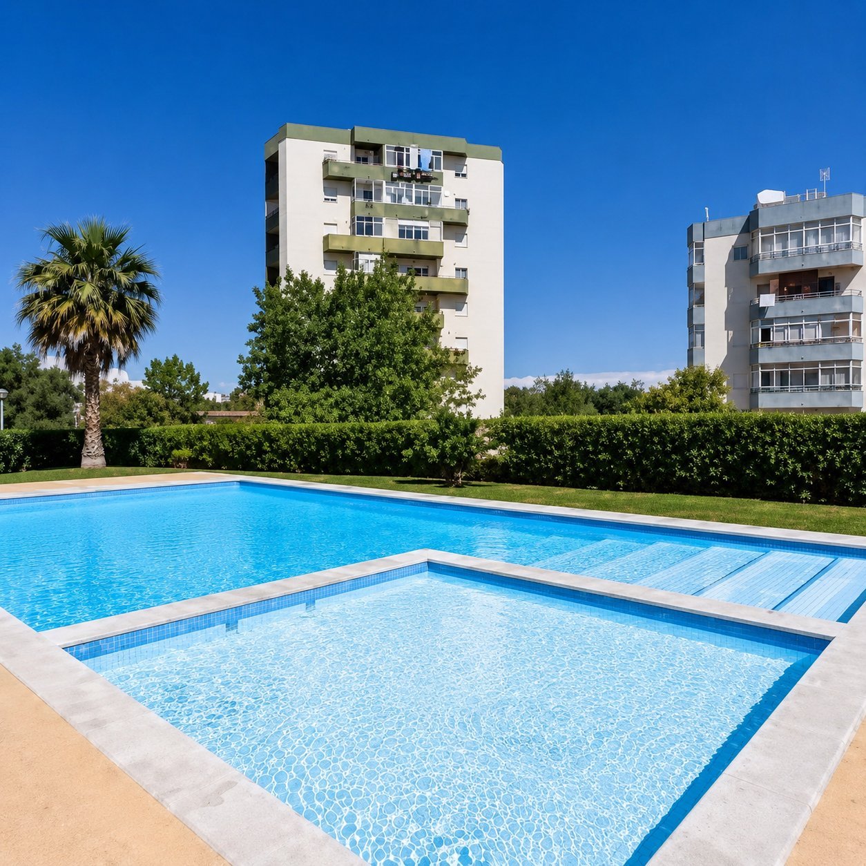 Apartment complex swimming pool surrounded by palm trees and sun loungers — Apartamento Tatiana