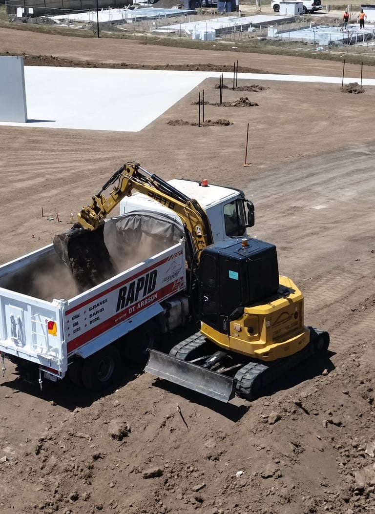 Yellow excavator loading dirt into a white and red Rapid dump truck on a construction site