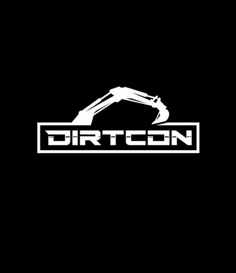 Dirtcon logo featuring a white excavator silhouette above bold text on black background